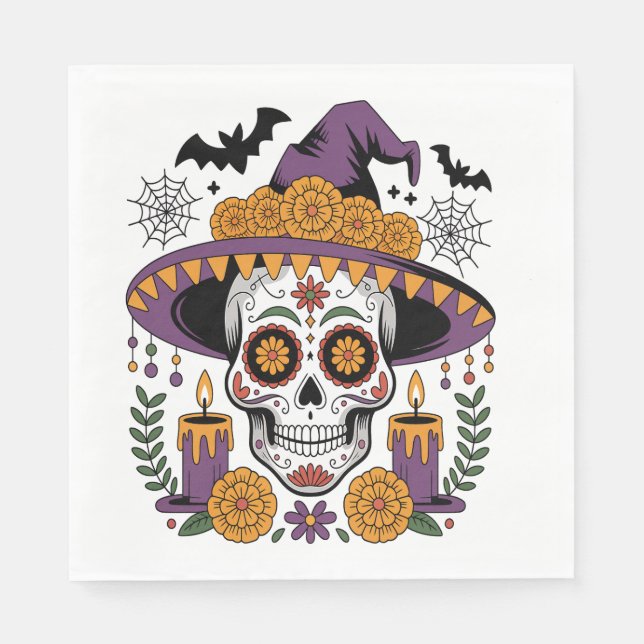 Guardanapo De Papel Caveira com Chapéu de Bruxa Vetor de Halloween (Frente)