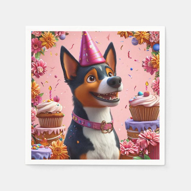 Guardanapo De Papel Celebração de Aniversário Com Cachorro Feliz (Frente)