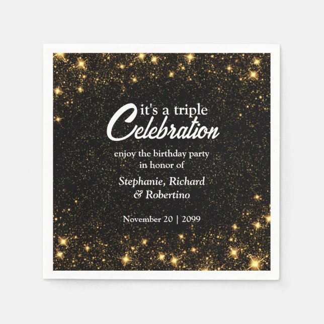 Guardanapo De Papel Celebração Tripla de Aniversário Conjunto Dourado  (Frente)
