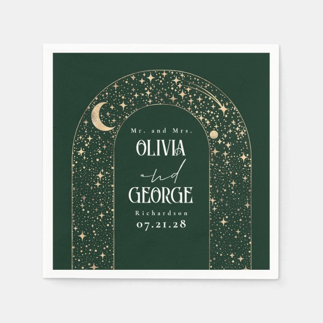 Guardanapo De Papel Celestial Moon Stars Emerald Green Wedding (Frente)