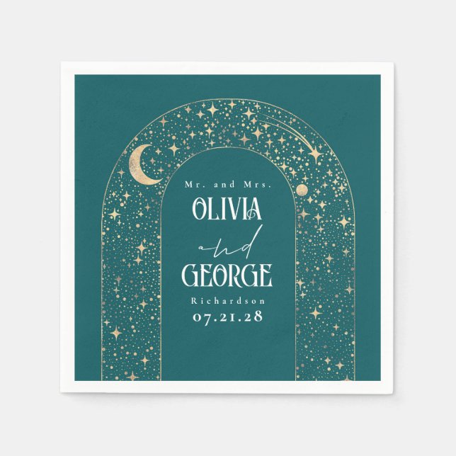 Guardanapo De Papel Celestial Moon Stars Teal Wedding (Frente)