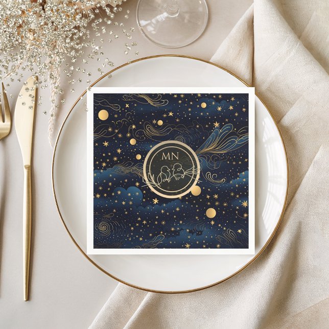 Guardanapo De Papel Celestial Navy Gold Monogram Wedding (Criador carregado)