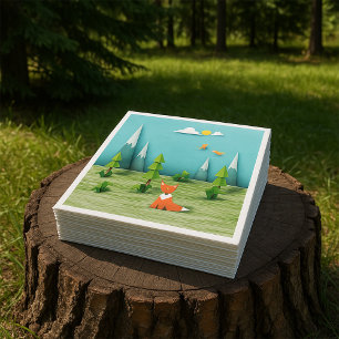 Guardanapo De Papel Cena da Floresta Origami com Montanhas Fox e Aves