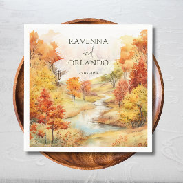 Guardanapo De Papel Cena de Casamento Floresta Rio Outono Vermelho