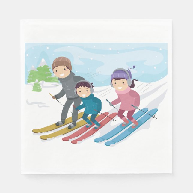 Guardanapo De Papel Cena de Esqui em Família Neve de Inverno (Frente)
