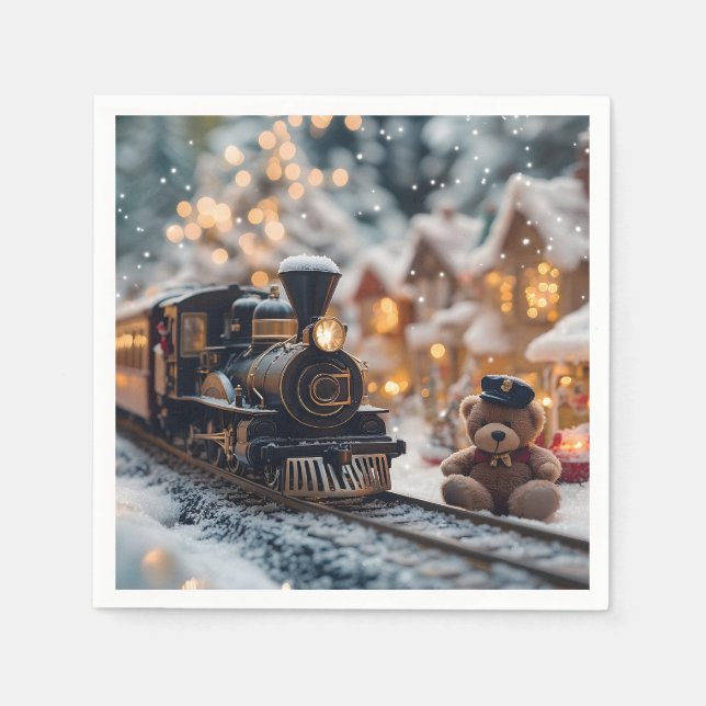 Guardanapo De Papel Cena de Trem de Natal Mágico com Urso de Teddy (Frente)