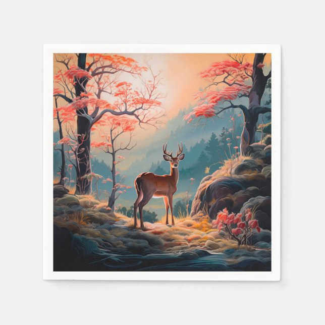 Guardanapo De Papel Cena Encantadora de Floresta de Veados de Outono D (Frente)