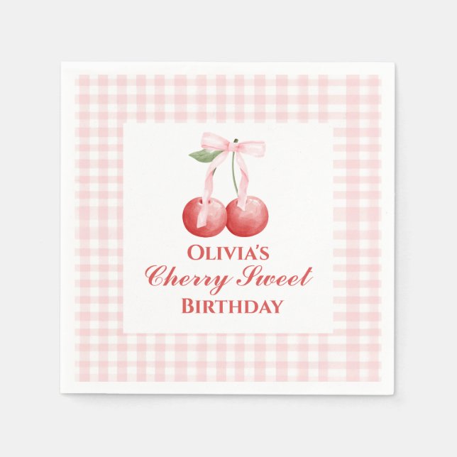 Guardanapo De Papel Cereja Doce aniversário Laço Rosa Xadrez (Frente)