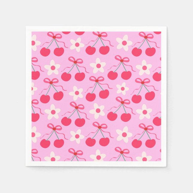 Guardanapo De Papel Cerejas Coquete com Laços Vermelhos e Flores Branc (Frente)