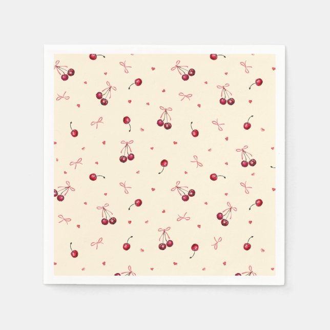 Guardanapo De Papel Cerejas Rosas Fofo Corações Laços em Creme (Frente)