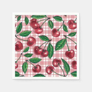 Guardanapo De Papel Cerejas vermelhas em gingham rosa