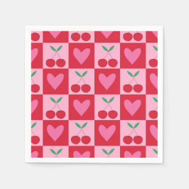 Guardanapo De Papel Cerejas Xadrez com Padrão de Corações Rosas