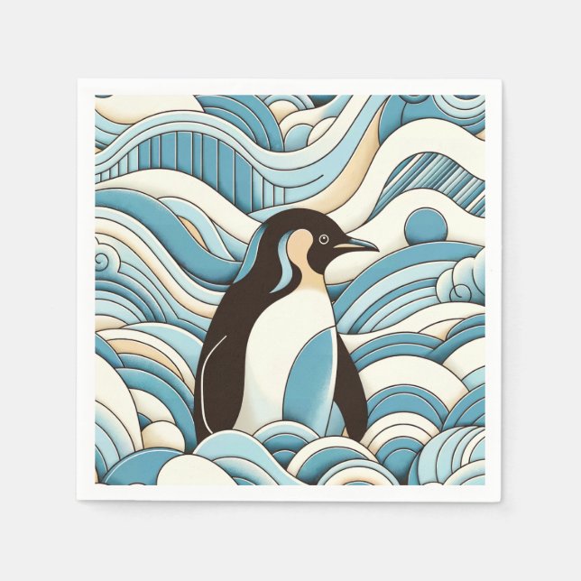 Guardanapo De Papel Céu Azul Cama Ondas Oceânicas E Pinguim Cujo Pingu (Frente)