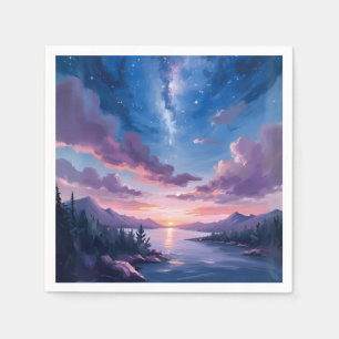 Guardanapo De Papel Céu Noturno Lago Estrelado Roxo Aquarela