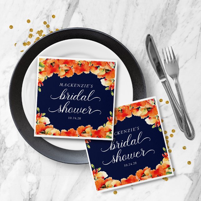 Guardanapo De Papel Chá de Bebê Azul Marinho Elegante com Papoula Dour (Elegant Navy Blue Golden Poppy Bridal Shower Napkins)
