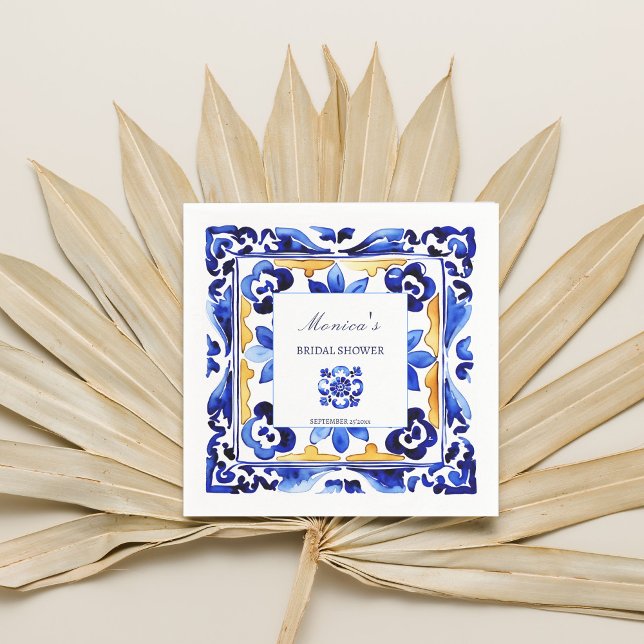 Guardanapo De Papel Chá de Bebê azulejos azuis italianos Amalfi Vietri (Amalfi Vietri Italian blue tiles bridal shower tableware personalized Napkins Mediterranean themed)