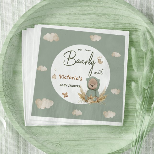 Guardanapo De Papel Chá de Bebê Boho Urso Verde Neutro (Criador carregado)