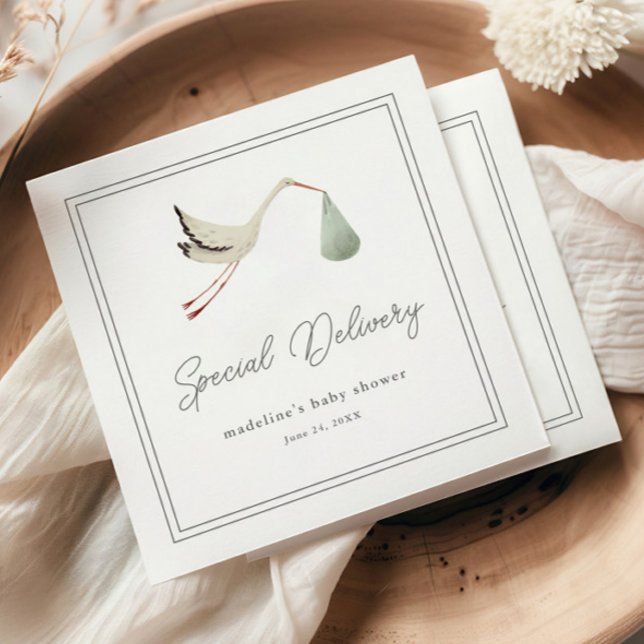 Guardanapo De Papel Chá de Bebê Cegonha Elegante (Elegant hand painted stork gender neutral baby shower napkins.)