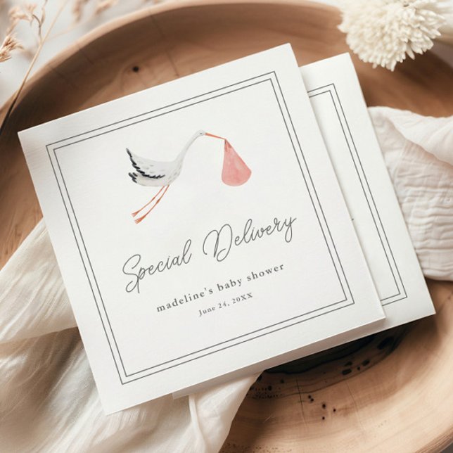 Guardanapo De Papel Chá de Bebê Cegonha Elegante (Elegant hand painted stork pink girls baby shower napkins.)