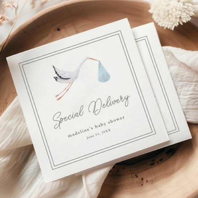 Guardanapo De Papel Chá de Bebê Cegonha Elegante (Elegant hand painted stork blue boys baby shower napkins.)