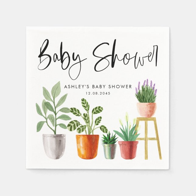 Guardanapo De Papel Chá de Bebê com Plantas em Vasos em Aquarela Boho (Frente)