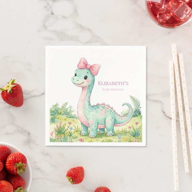 Guardanapo De Papel Chá de Bebê de Dinossauro Fofo com Laço Rosa (Insitu)