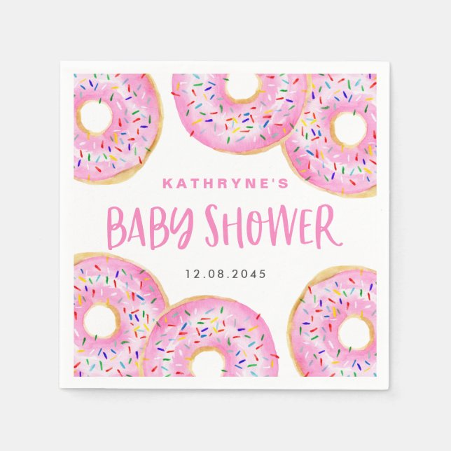 Guardanapo De Papel Chá de Bebê de Donuts com Glacê Rosa e Confeitos e (Frente)