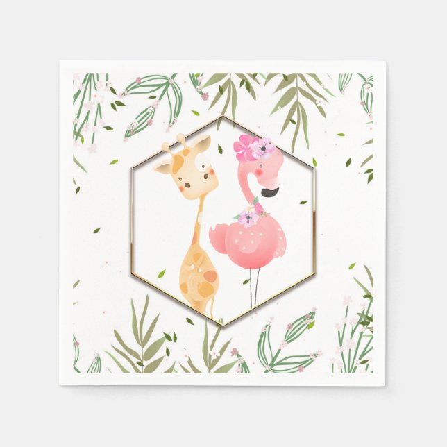 Guardanapo De Papel Chá de Bebê de Flamingo e Girafa em Aquarela Tropi (Frente)