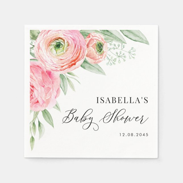 Guardanapo De Papel Chá de Bebê de Flores de Ranunculus Rosa em Aquare (Frente)