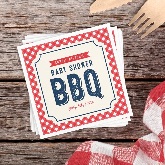 Guardanapo De Papel Chá de Bebê de Gingham Vermelho e Churrasco Azul (Criador carregado)