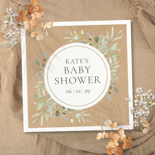 Guardanapo De Papel Chá de Bebê de Greenery Aquarela Kraft Rústico (Rustic Kraft Watercolor Greenery Baby Shower Napkins)