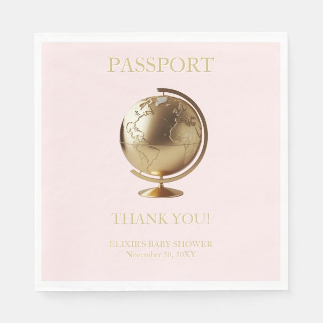Guardanapo De Papel Chá de Bebê de Viagem Passaporte Globo Dourado (Frente)