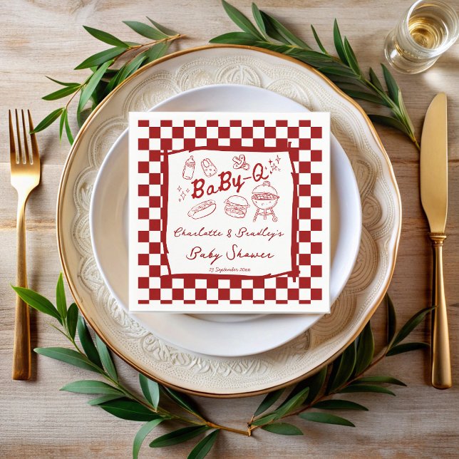 Guardanapo De Papel Chá de bebê do bebê de xadrez vermelho churrasco (Baby q hand drawn red checks barbeque baby shower personalized printed napkins)