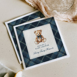 Guardanapo De Papel Chá de Bebê do Urso Teddy Xadrez Azul Vintage