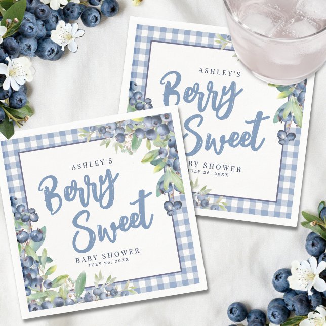 Guardanapo De Papel Chá de Bebê Doce Mirtilo Xadrez Azul (Blueberry Gingham Berry Sweet Baby Shower Napkins)