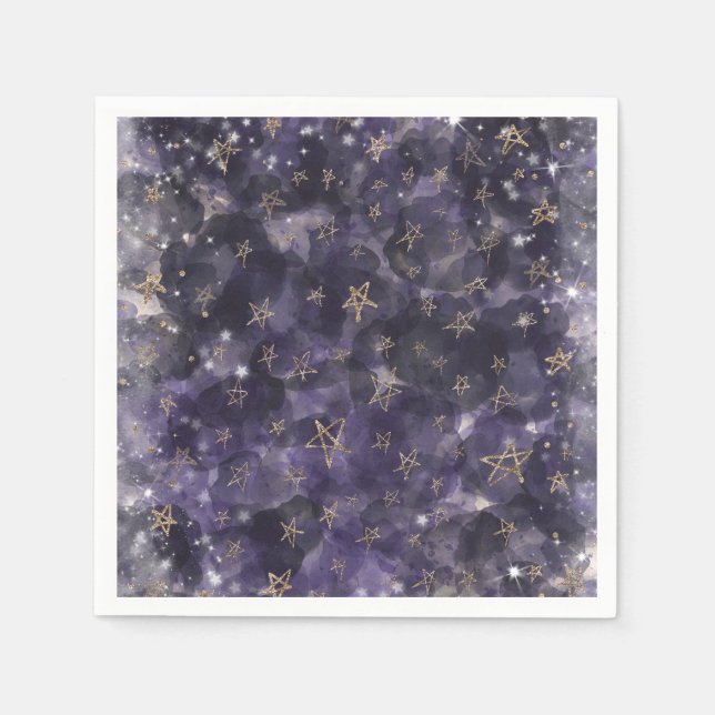 Guardanapo De Papel Chá de Bebê Fantasioso Lua Estrelas Roxo Dourado (Frente)