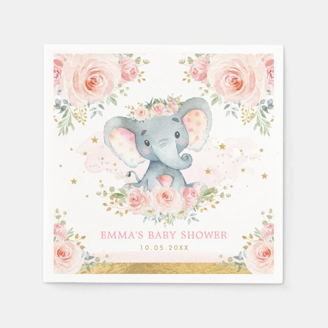 Guardanapo De Papel Chá de Bebê Floral Blush, Elefante Rosa, Boho (Frente)