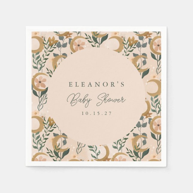 Guardanapo De Papel Chá de Bebê Floral Boho Neutro Lua Celestial (Frente)