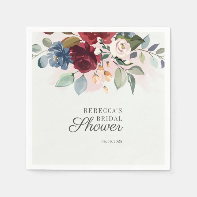 Guardanapo De Papel Chá de Bebê Floral em Aquarela Borgonha (Frente)