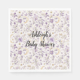 Guardanapo De Papel Chá de Bebê Floral Luas e Estrelas Branco Roxo