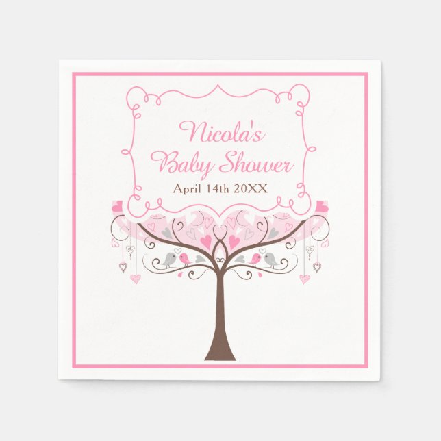 Guardanapo De Papel Chá de Bebê Floral Rosa com Pássaros (Frente)
