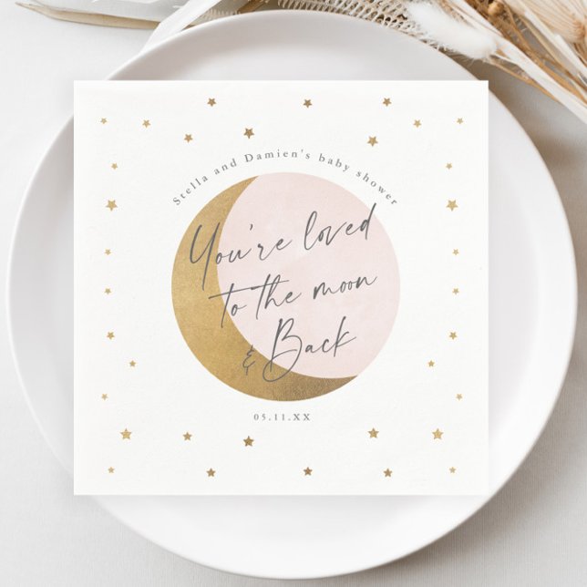 Guardanapo De Papel Chá de bebê lua e estrelas (Elegant Gold Moon and Stars Script Pink Girls Baby Shower Napkin.)