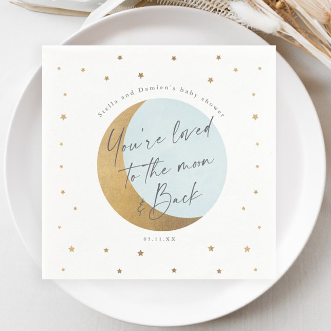 Guardanapo De Papel Chá de bebê lua e estrelas (Elegant Gold Moon and Stars Script Blue Boys Baby Shower Napkin.)