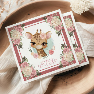 Guardanapo De Papel Chá de Bebê Menina Aquarela Girafa Floral Fofa