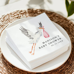 Guardanapo De Papel Chá de Bebê Menina Cegonha Aquarela Rosa