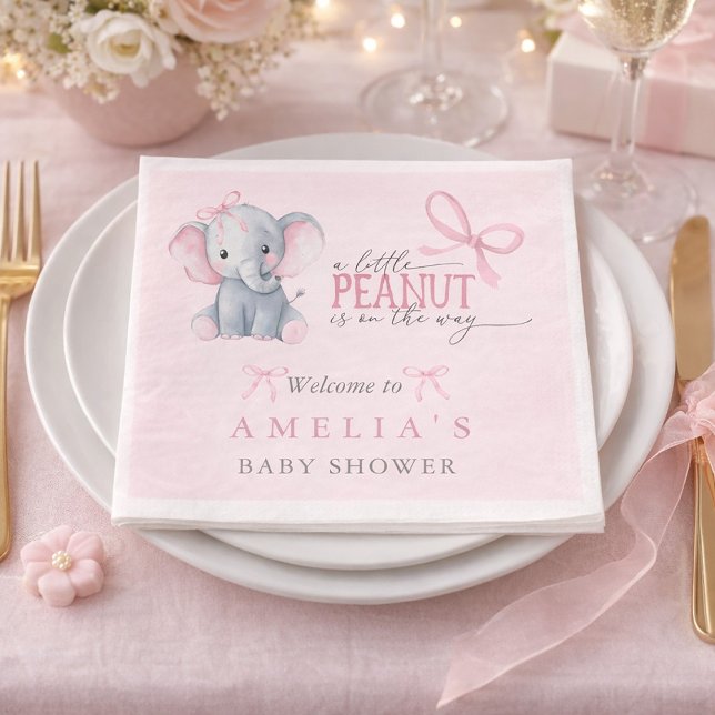 Guardanapo De Papel Chá de Bebê Menina Elefante Laço Rosa (Elephant Pink Bow Baby Girl Shower Napkins)