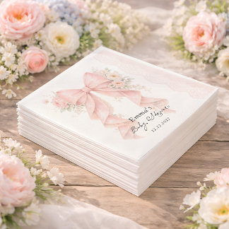 Guardanapo De Papel Chá de Bebê Menina Floral com Laço Rosa Elegante