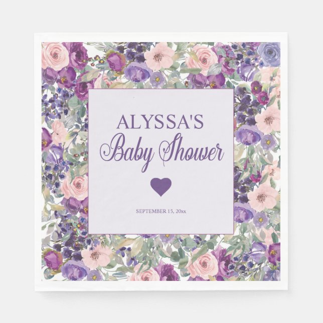 Guardanapo De Papel Chá de Bebê Menina Floral Rosa Roxo (Frente)