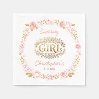 Guardanapo De Papel Chá de Bebê Menina Rosa e Floral Dourado