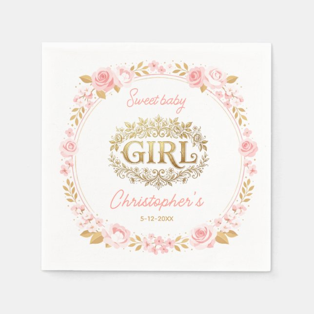 Guardanapo De Papel Chá de Bebê Menina Rosa e Floral Dourado (Frente)